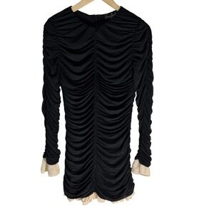 Emprada Black Ruched Long Sleeve Mini Dress Cream Ruffle Trim NWT‎ Size Medium